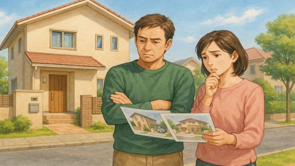 春日市で夫婦が外構業者の選び方と探し方を考えているイメージ