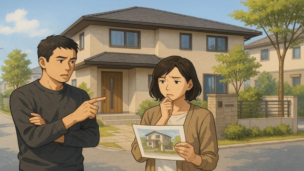 春日部市で夫婦が外構業者の選び方と探し方を考えているイメージ