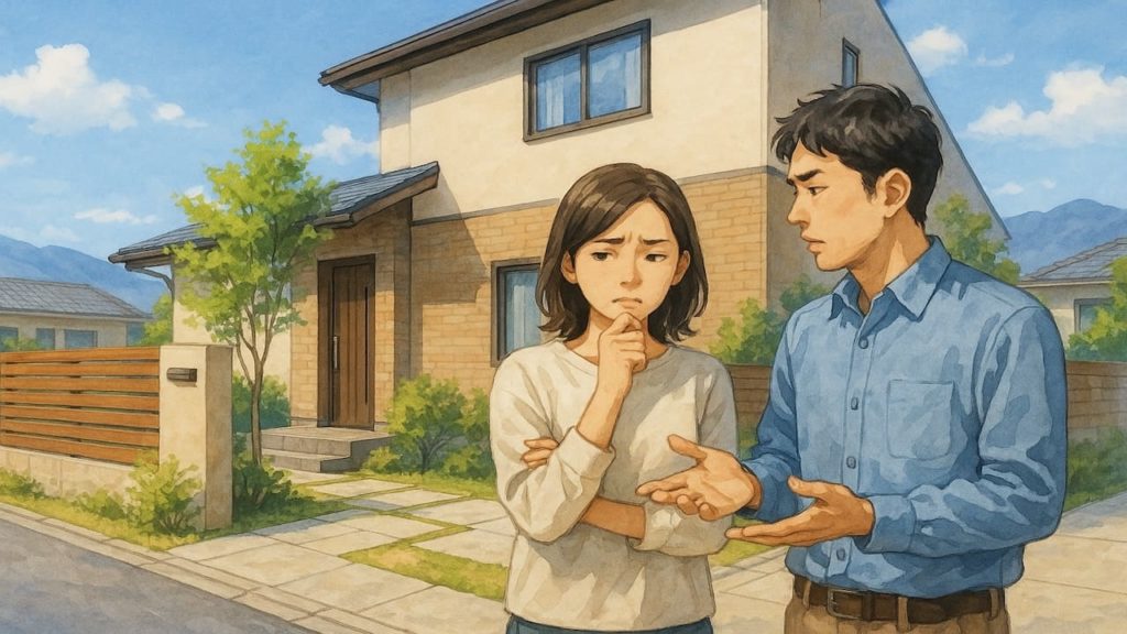 甲府市で夫婦が外構業者の選び方と探し方を考えているイメージ