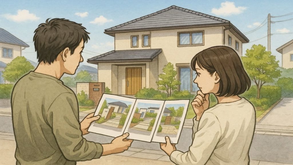 小牧市で夫婦が外構業者の選び方と探し方を考えているイメージ