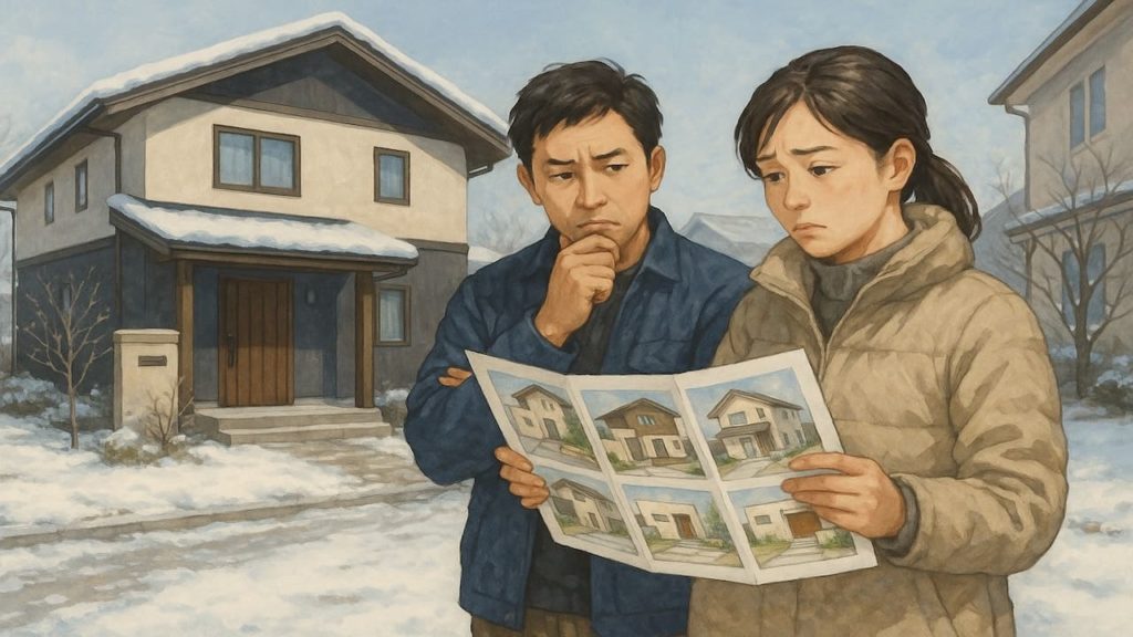 小松市で夫婦が外構業者の選び方と探し方を考えているイメージ