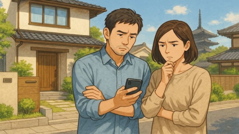 京都府で夫婦が外構業者の選び方と探し方を考えているイメージ