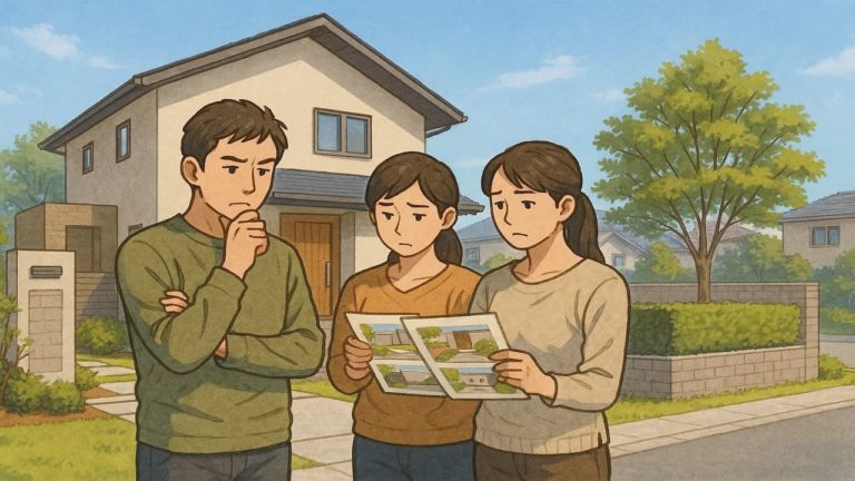 前橋市で夫婦が外構業者の選び方と探し方を考えているイメージ