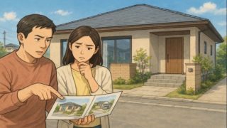 都城市で夫婦が外構業者の選び方と探し方を考えているイメージ