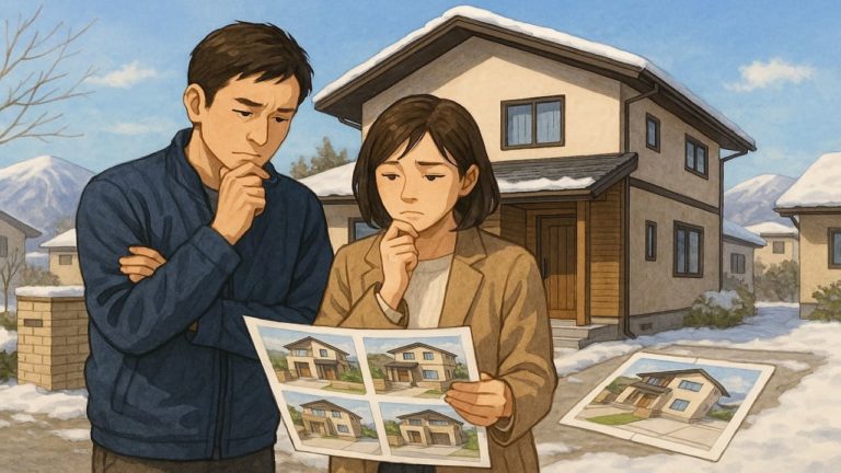 長野県で夫婦が外構業者の選び方と探し方を考えているイメージ