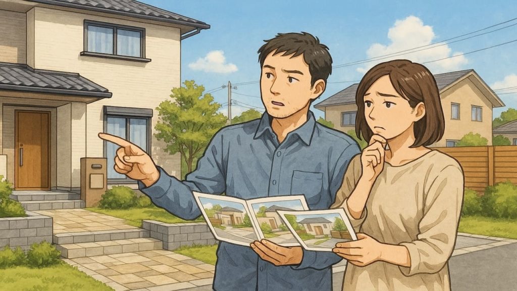 西宮市で夫婦が外構業者の選び方と探し方を考えているイメージ