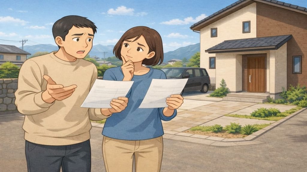 小田原市で夫婦が外構見積もりで悩んでいるイメージ