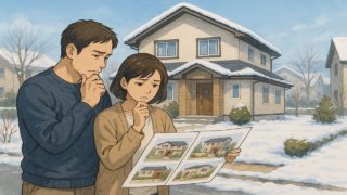 小樽市で夫婦が外構業者の選び方と探し方を考えているイメージ