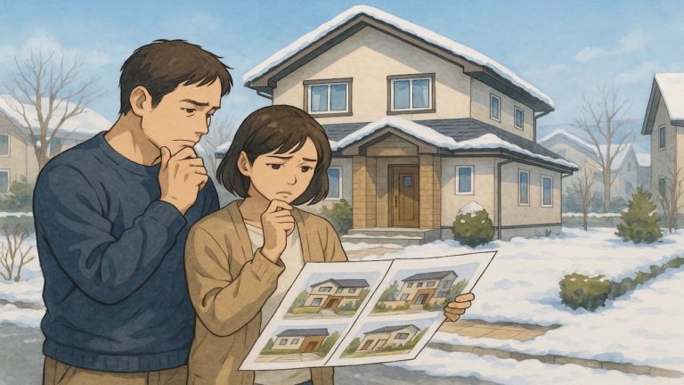 小樽市で夫婦が外構業者の選び方と探し方を考えているイメージ