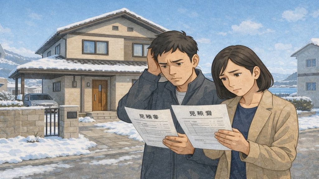 小樽市で夫婦が外構見積もりで悩んでいるイメージ