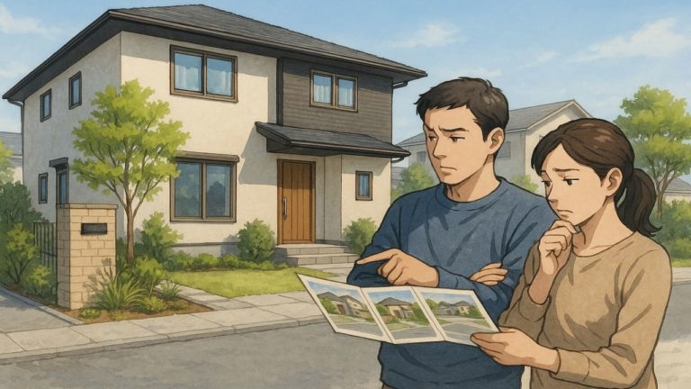 佐野市で夫婦が外構業者の選び方と探し方を考えているイメージ