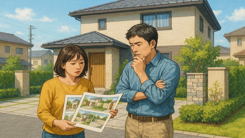 豊田市で夫婦が外構業者の選び方と探し方を考えているイメージ