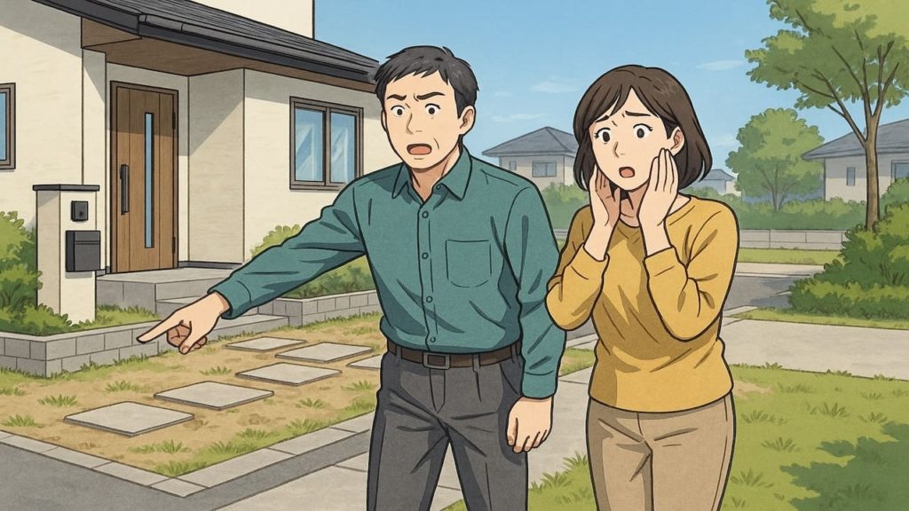 つくば市で夫婦が外構トラブルで困っているイメージ