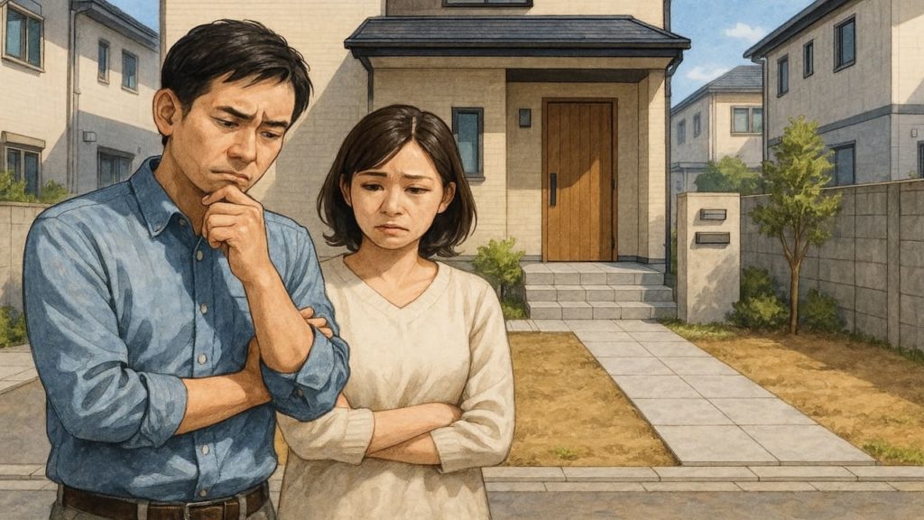 八尾市の外構工事の失敗にがっかりする夫婦のイメージ 新築外構でありがちな失敗5つ｜共働き家庭が後悔するポイント 外構の失敗例5選｜クレームにつながりやすいパターン 外構工事でよくある失敗5つ｜将来のコストを見落とした決め方 庭まわりの外構失敗5パターン｜水やりが面倒になってしまう原因 外構費用で起こりがちな失敗5つ｜値引き交渉だけに集中する危険 新築外構でありがちな失敗5つ｜ローン計画と合わせた判断軸 庭のある外構の失敗5選｜使わない場所に金をかけた例 外構リフォームの失敗例5つ｜相談内容と完成形がずれるプロセス 外構の失敗例5選｜安さだけで選ばないための着眼点 外構の失敗例5選｜その場しのぎで決めて後悔する流れ 新築外構でありがちな失敗5つ｜本体価格に隠れた費用の見抜き方 外構デザインの失敗例5選｜写真重視で決めてしまったケース 外構工事でよくある失敗5つ｜ハウスメーカー任せにした結果 新築外構でありがちな失敗5つ｜数年後に手入れが追いつかない例 外構費用で起こりがちな失敗5つ｜予算オーバーを防ぐ視点 外構レイアウトの失敗5コ｜玄関まわりがごちゃついて見える原因 庭まわりの外構失敗5パターン｜生活感が出すぎてしまう配置 外構工事でよくある失敗5つ｜共働きでも使いやすい外回りの条件 駐車場まわりの外構失敗5選｜車の買い替えで困るつくり 外構工事でよくある失敗5つ｜図面が分からないまま進めたケース