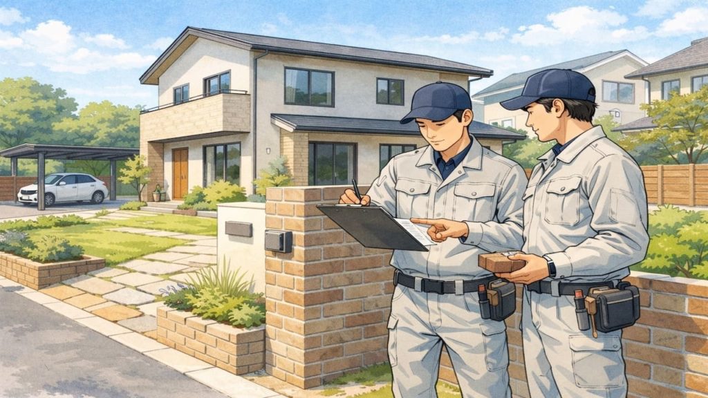 福岡県で戸建て外構と施工確認中の外構業者のイメージ