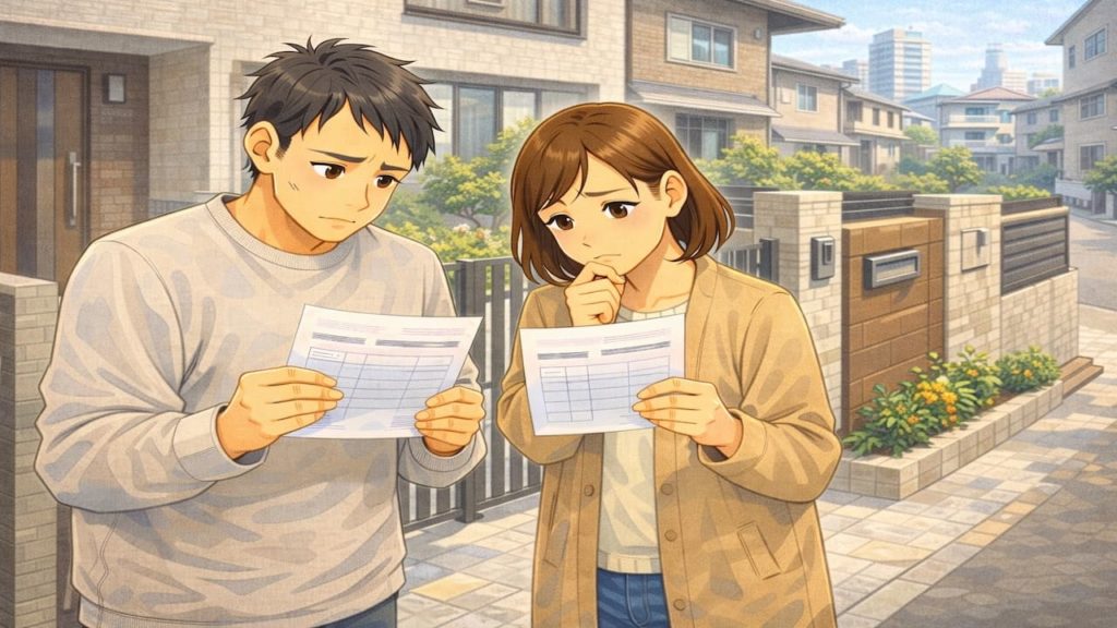 東大阪市で夫婦が外構の補助金で悩んでいるイメージ