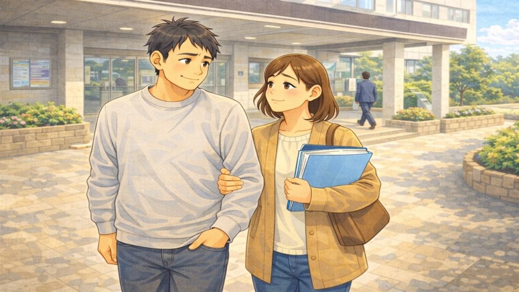 彦根市で夫婦が外構の補助金で悩んでいるイメージ