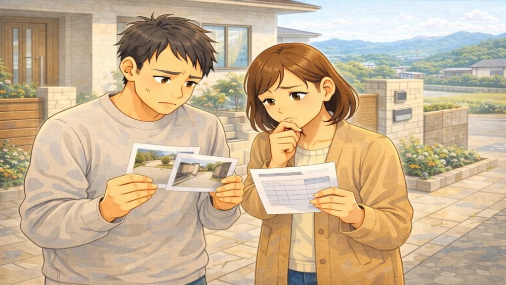 防府市で夫婦が外構の補助金で悩んでいるイメージ