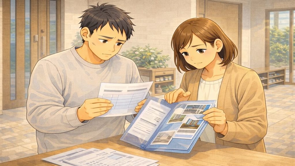 今治市で夫婦が外構の補助金で悩んでいるイメージ