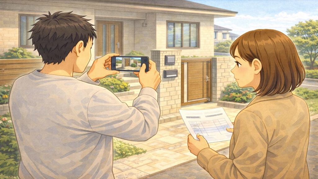 和泉市で夫婦が外構の補助金で悩んでいるイメージ