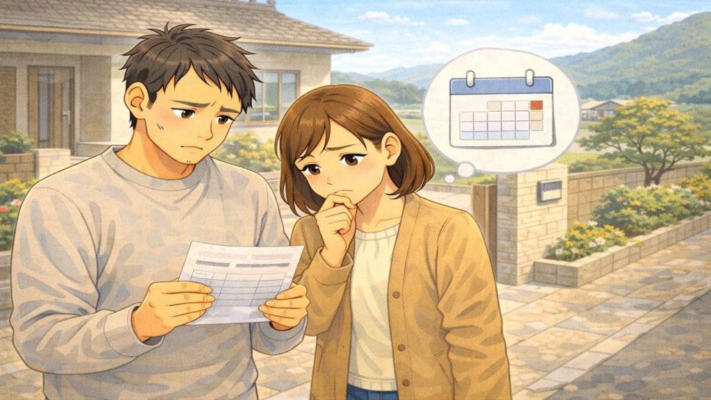 亀岡市で夫婦が外構の補助金で悩んでいるイメージ