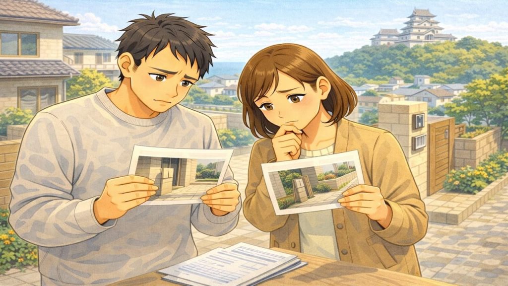 唐津市で夫婦が外構の補助金で悩んでいるイメージ