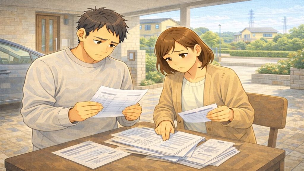 刈谷市で夫婦が外構の補助金で悩んでいるイメージ