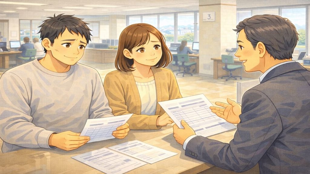 春日井市で夫婦が外構の補助金で悩んでいるイメージ