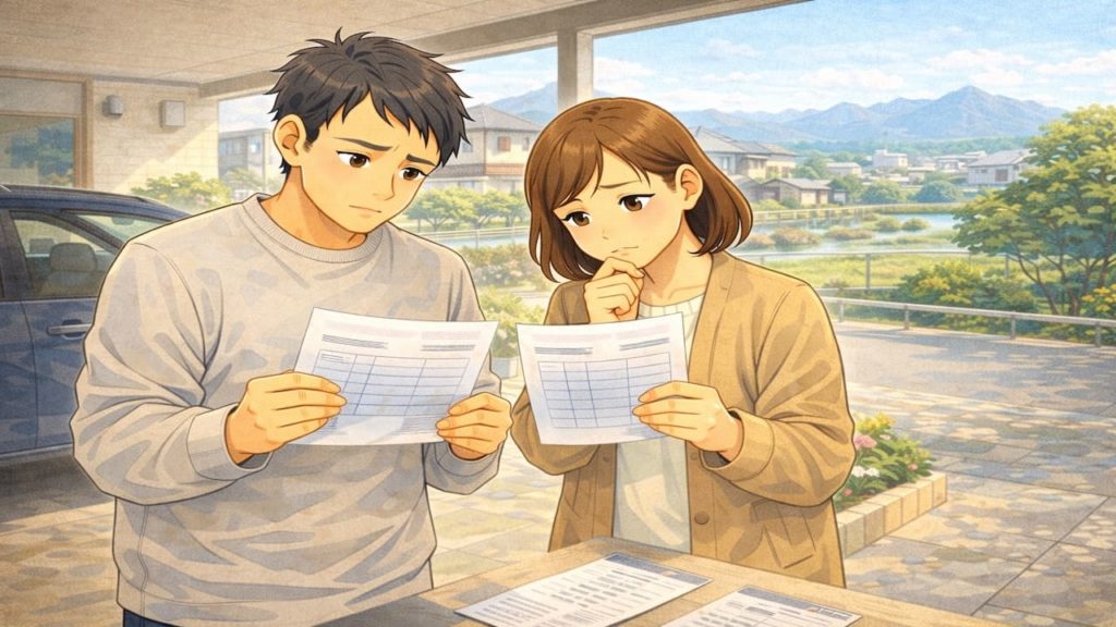 桐生市で夫婦が外構の補助金で悩んでいるイメージ