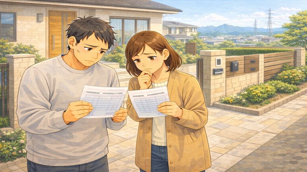 江南市で夫婦が外構の補助金で悩んでいるイメージ