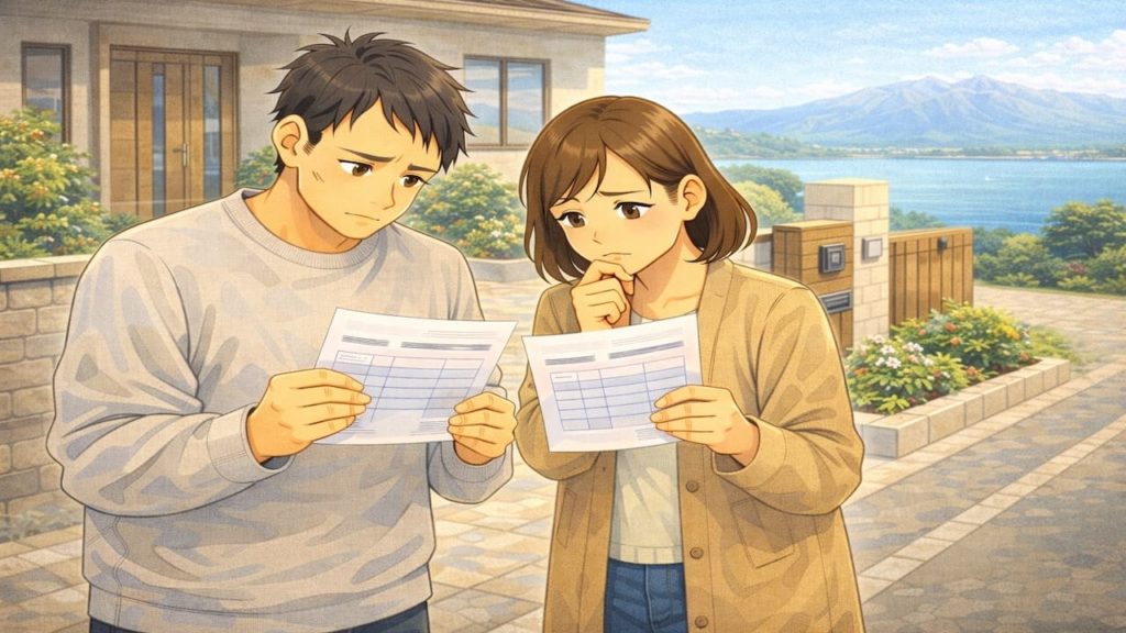 草津市で夫婦が外構の補助金で悩んでいるイメージ