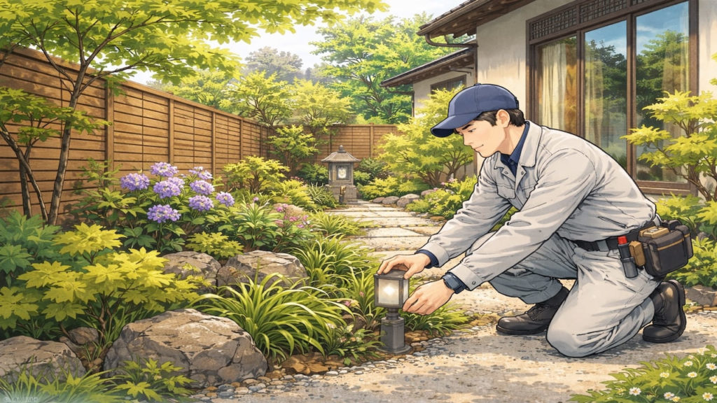 京都府で戸建て外構と施工確認中の外構業者のイメージ