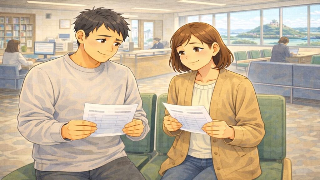 丸亀市で夫婦が外構の補助金で悩んでいるイメージ