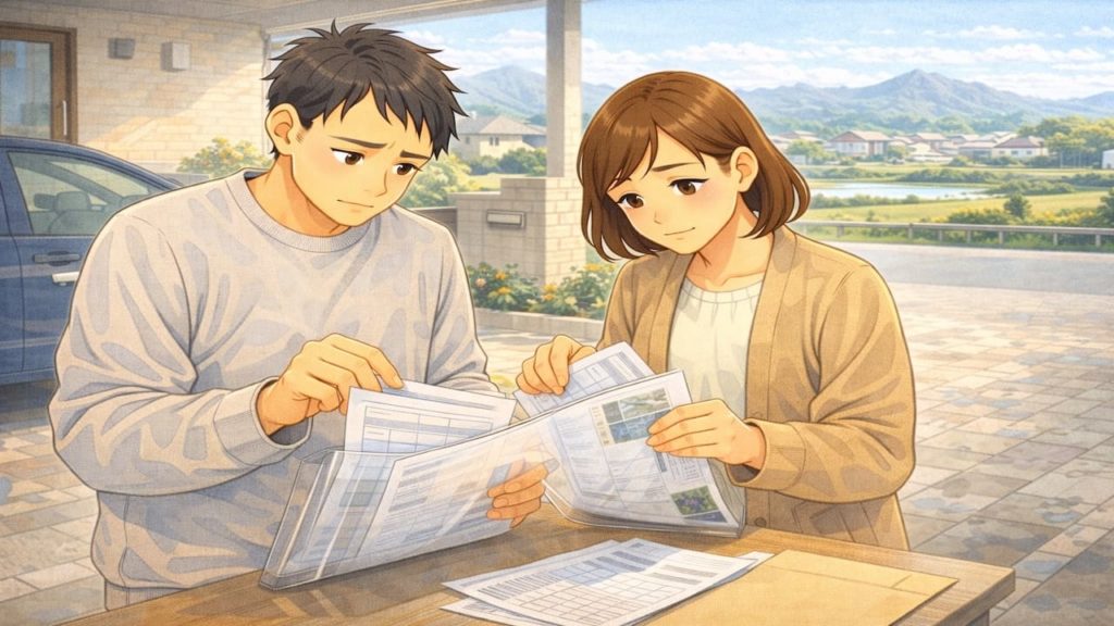 松阪市で夫婦が外構の補助金で悩んでいるイメージ