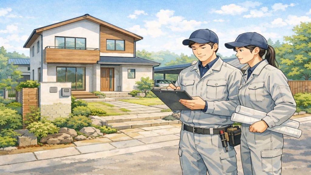 三重県で戸建て外構と施工確認中の外構業者のイメージ