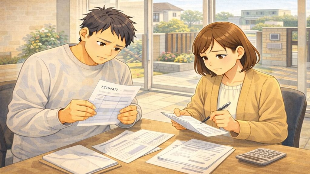 守口市で夫婦が外構の補助金で悩んでいるイメージ