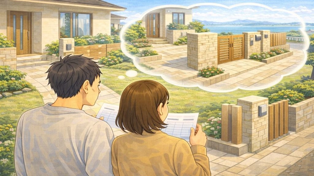 長浜市で夫婦が外構の補助金で悩んでいるイメージ