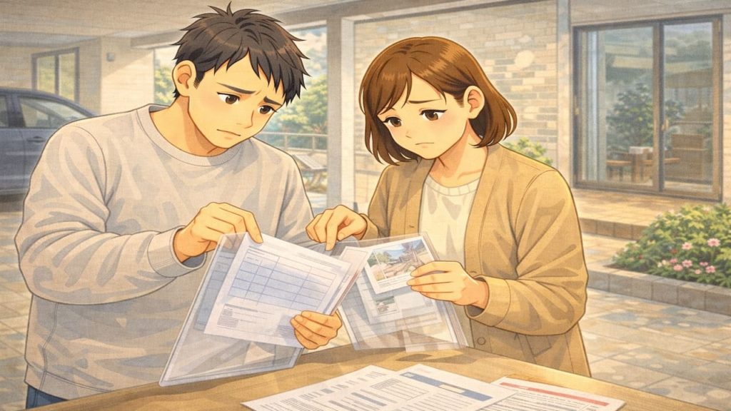 寝屋川市で夫婦が外構の補助金で悩んでいるイメージ