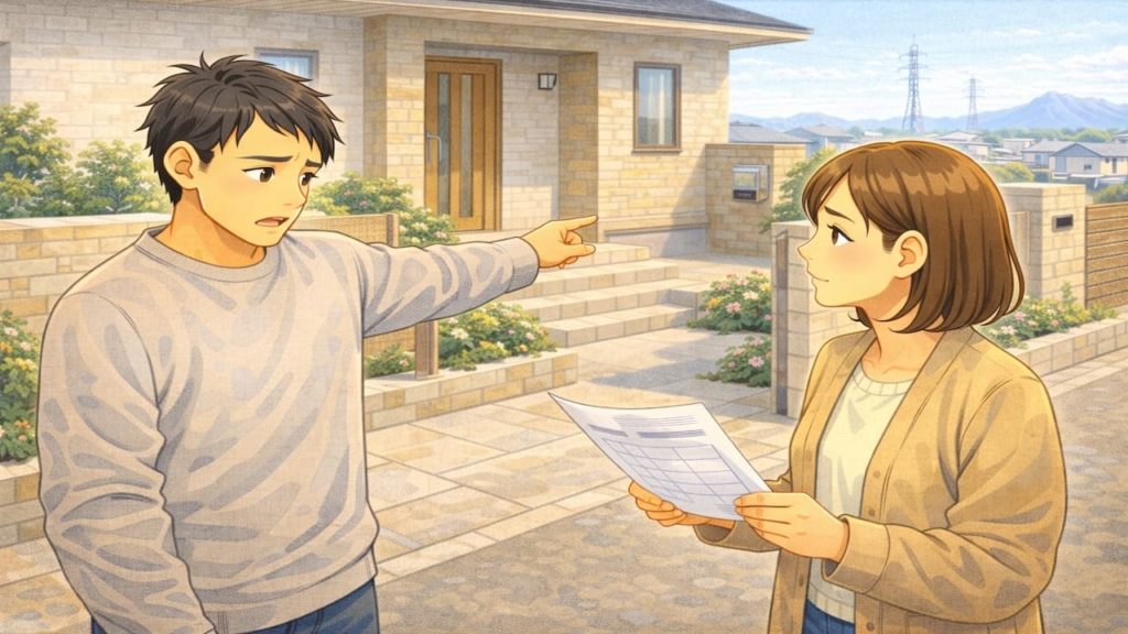 新居浜市で夫婦が外構の補助金で悩んでいるイメージ