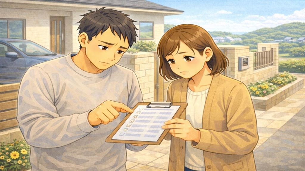 西尾市で夫婦が外構の補助金で悩んでいるイメージ