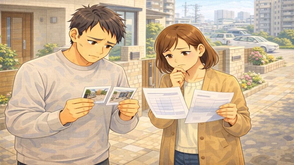 大阪府で夫婦が外構の補助金で悩んでいるイメージ