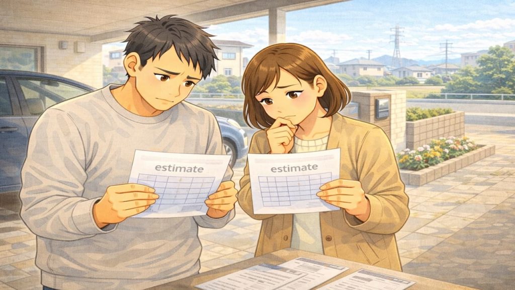 堺市で夫婦が外構の補助金で悩んでいるイメージ