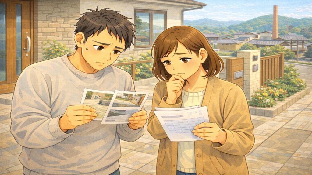 瀬戸市で夫婦が外構の補助金で悩んでいるイメージ