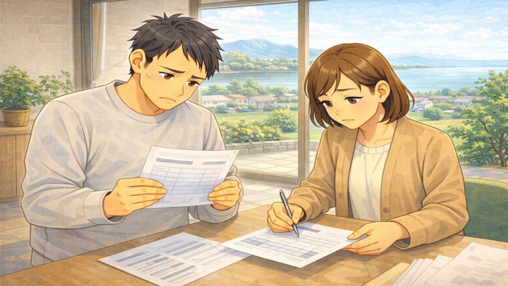 滋賀県で夫婦が外構の補助金で悩んでいるイメージ