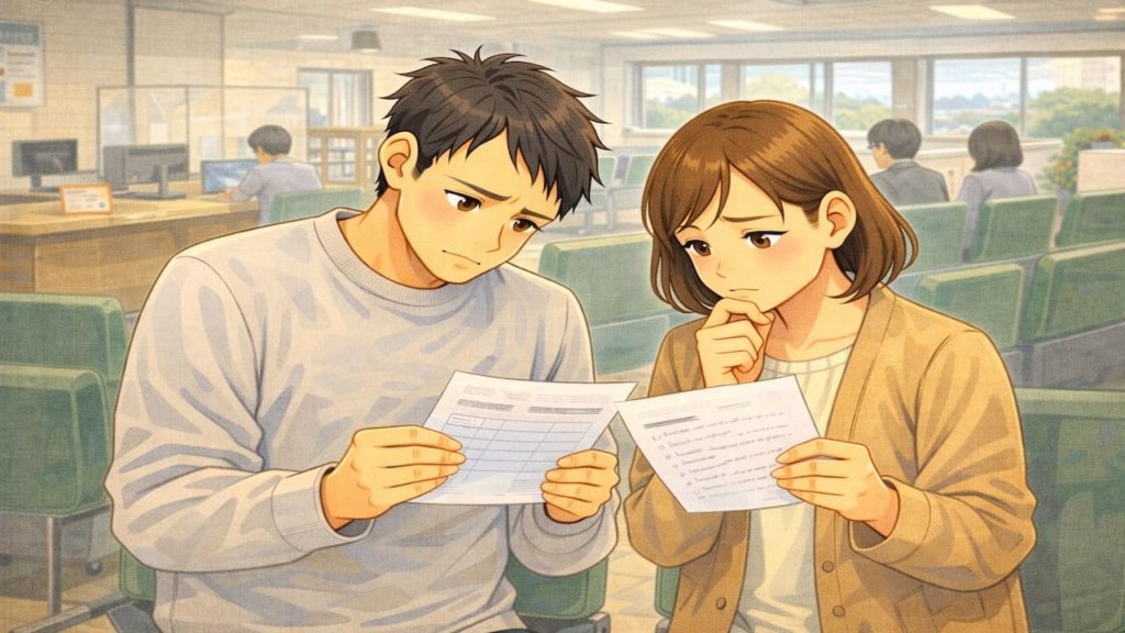 高槻市で夫婦が外構の補助金で悩んでいるイメージ