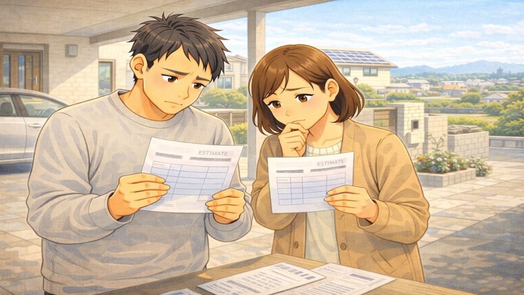 東海市で夫婦が外構の補助金で悩んでいるイメージ