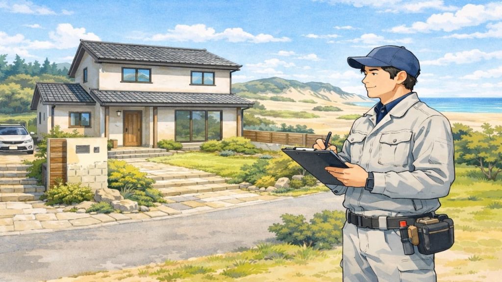 鳥取県で戸建て外構と施工確認中の外構業者のイメージ