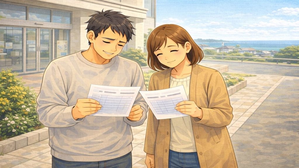 津市で夫婦が外構の補助金で悩んでいるイメージ