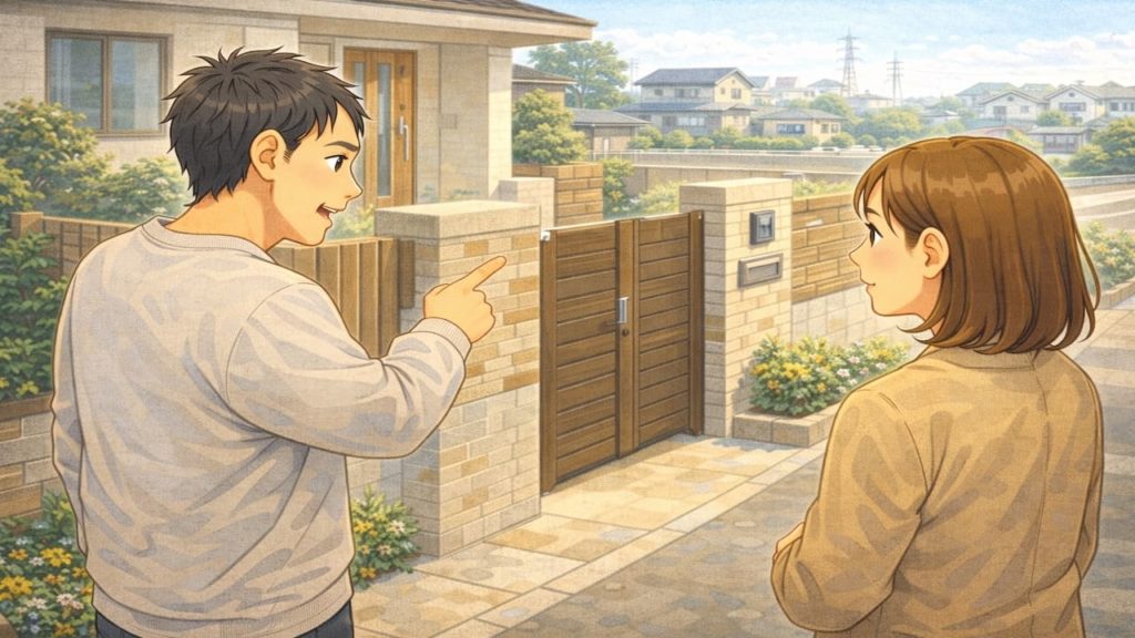 八尾市で夫婦が外構の補助金で悩んでいるイメージ