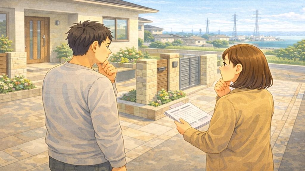 弥富市で夫婦が外構の補助金で悩んでいるイメージ